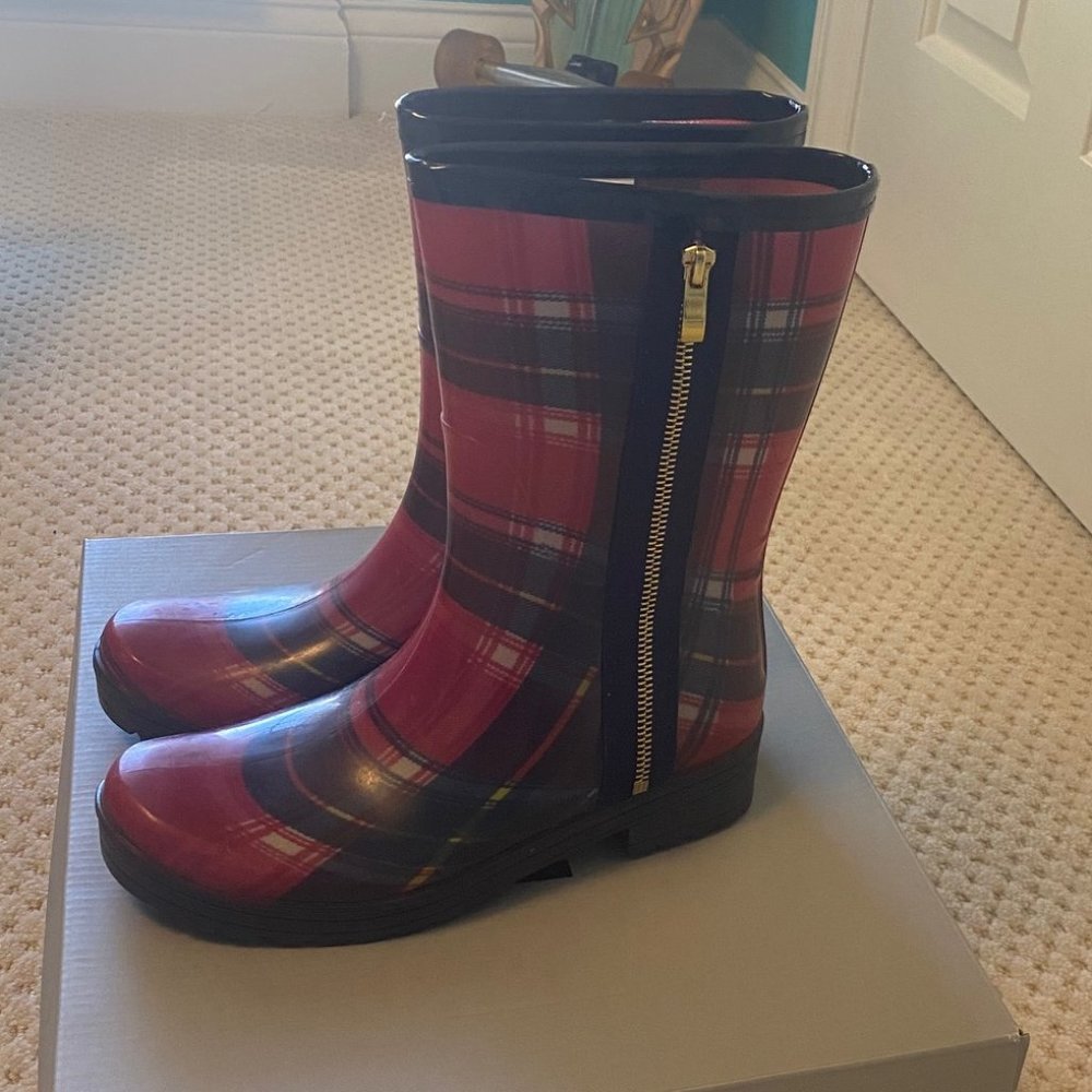 Red and Blue Plaid Rain Boots - Size 6